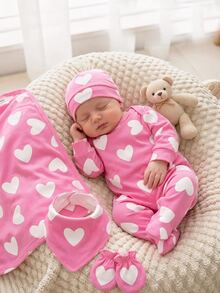 SHEIN 新生兒嬰兒 1 套圓領長袖連腳睡衣 心形花卉波點印花 柔軟輕盈針織 休閒可愛優雅 秋季 白色 - 彩色 - 查看 4