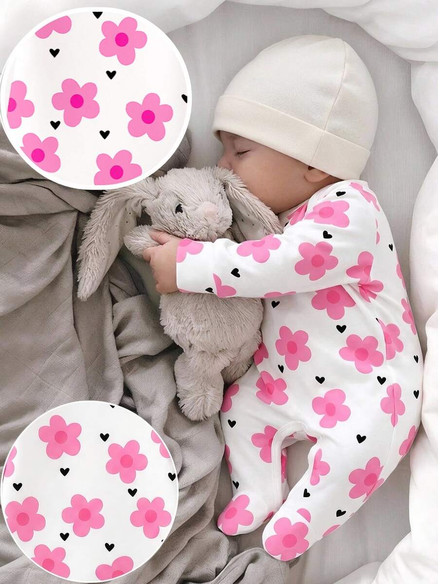 SHEIN 新生兒嬰兒 1 套圓領長袖連腳睡衣 心形花卉波點印花 柔軟輕盈針織 休閒可愛優雅 秋季 白色 - 彩色 - 查看 1