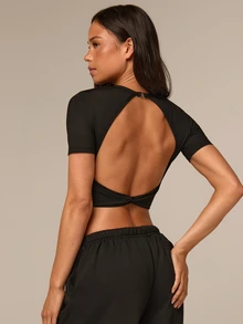 Athîral Summer Sexy Twist Open Back Crop Sports T-Shirt Gym Women Shirts Black - Black - View 3
