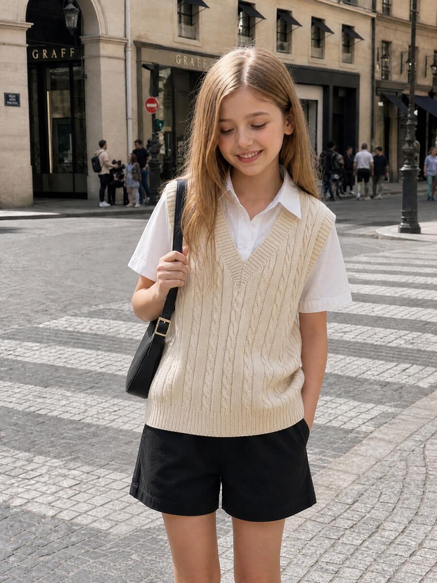 SHEIN 青少年女孩麻花編織V領針織背心 秋季