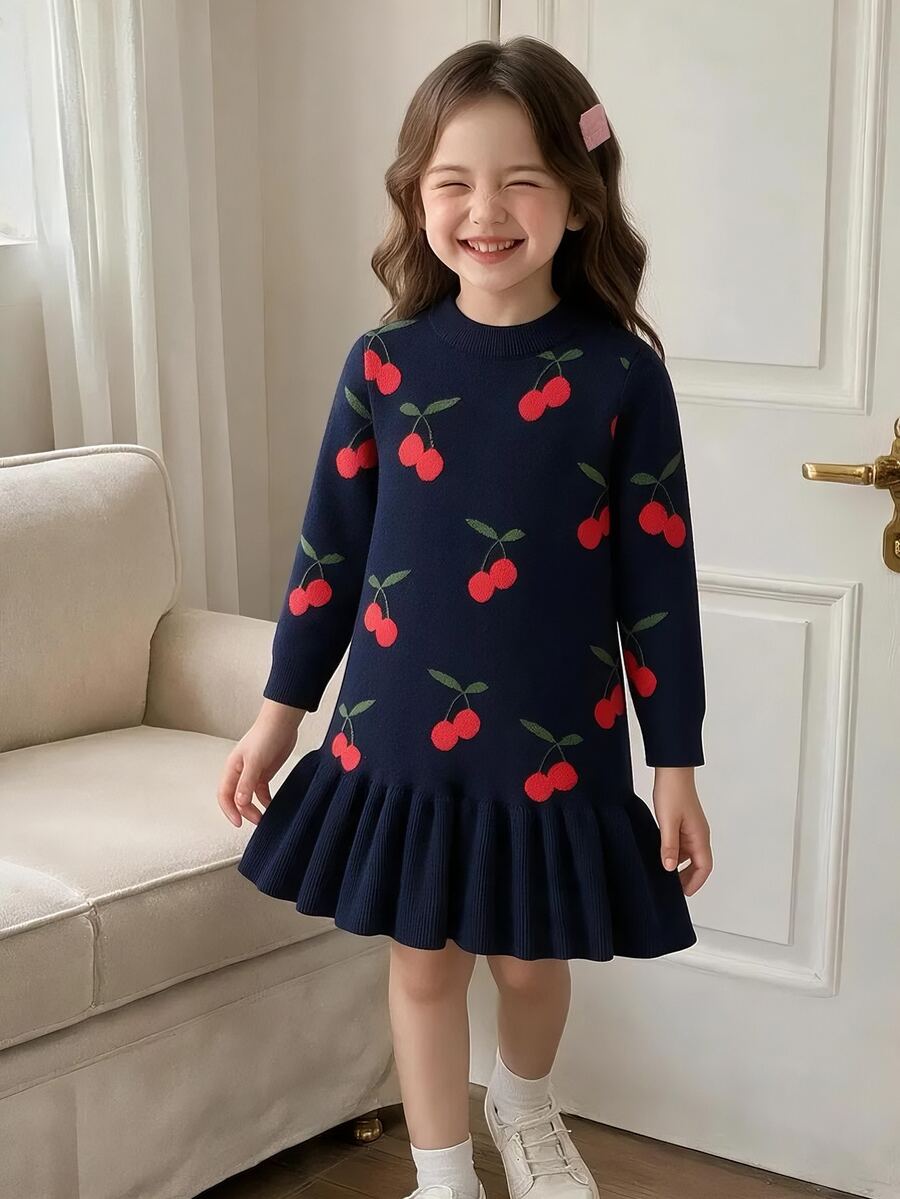 SHEIN Explorewe Girls Soft Red Cherry Jacquard Long Sleeve Sweater Dress, Cute & Fashionable, Suitable For Autumn/Winter Holidays Fall - Navy Blue - View 1