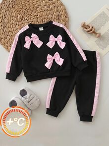 SHEIN 女嬰可愛休閒黑色針織蝴蝶結衛衣與鬆緊腰長褲套裝 - 黑色 - 查看 4