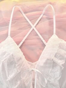 DelicateAllure White Mesh Patchwork Ruffle Double Layer Anti-Exposure Pure Elegant Women's Jumpsuit - White - View 3