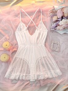 DelicateAllure White Mesh Patchwork Ruffle Double Layer Anti-Exposure Pure Elegant Women's Jumpsuit - White - View 2