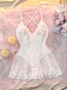 DelicateAllure White Mesh Patchwork Ruffle Double Layer Anti-Exposure Pure Elegant Women's Jumpsuit - White - View 1