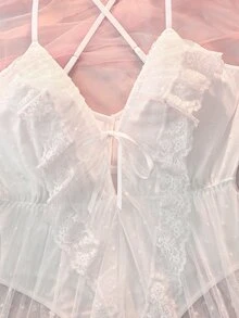 DelicateAllure White Mesh Patchwork Ruffle Double Layer Anti-Exposure Pure Elegant Women's Jumpsuit - White - View 4