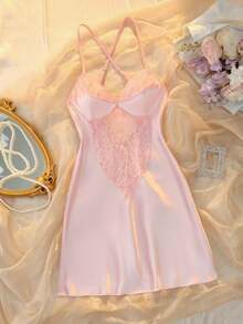 DelicateAllure Sexy Sexy Mature Lace Hollow Out Spaghetti Strap Satin Nightgown For Women - Baby Pink - View 1