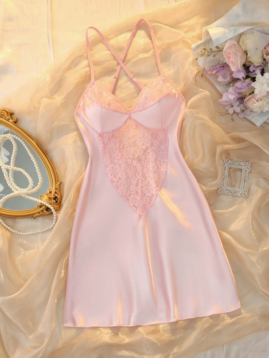 DelicateAllure Sexy Sexy Mature Lace Hollow Out Spaghetti Strap Satin Nightgown For Women - Baby Pink - View 1