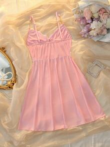 DelicateAllure Women's Mesh Pearl Decor Camisole Mini Nightgown - Baby Pink - View 2