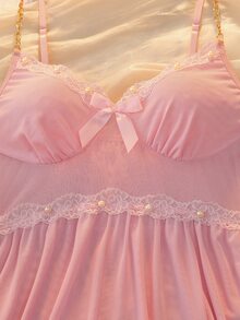 DelicateAllure Women's Mesh Pearl Decor Camisole Mini Nightgown - Baby Pink - View 5