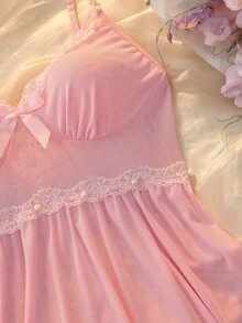 DelicateAllure Women's Mesh Pearl Decor Camisole Mini Nightgown - Baby Pink - View 6