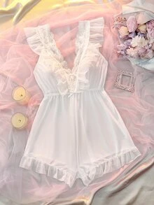 DelicateAllure Romper Pakaian Tidur Rumahan Kasual Wanita dengan Leher V Dalam dan Patchwork Renda - Putih - View 1
