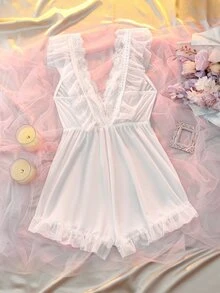 DelicateAllure Romper Pakaian Tidur Rumahan Kasual Wanita dengan Leher V Dalam dan Patchwork Renda - Putih - View 2