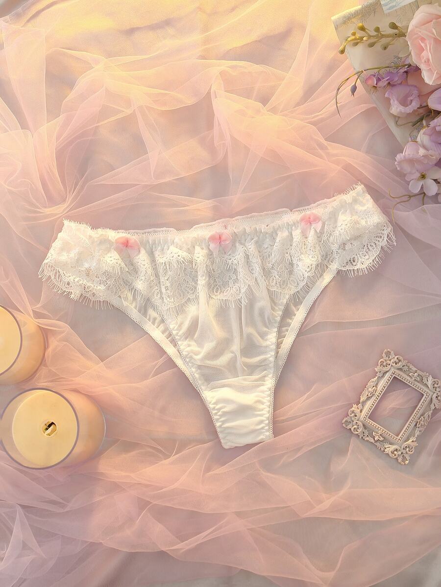 DelicateAllure Women's Lace Patchwork Sweet 3D Bow Decor Triangle Panties - White - View 1