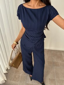 SHEIN PETITE 女款休閒優雅格紋不對稱下擺襯衫與寬腿褲兩件套，辦公商務、夏季、教師節、夏威夷海軍藍 - 藍色 - 查看 7