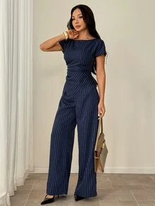 SHEIN PETITE 女款休閒優雅格紋不對稱下擺襯衫與寬腿褲兩件套，辦公商務、夏季、教師節、夏威夷海軍藍 - 藍色 - 查看 4