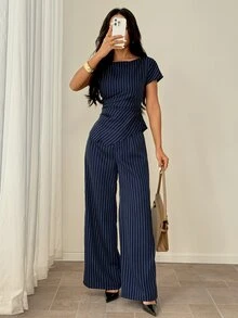 SHEIN PETITE 女款休閒優雅格紋不對稱下擺襯衫與寬腿褲兩件套，辦公商務、夏季、教師節、夏威夷海軍藍 - 藍色 - 查看 5