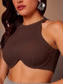 Denimoi Atasan Crop Tanpa Lengan Warna Polos untuk Wanita, Kemeja Seksi - Coffee Brown - View 3