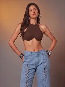 Denimoi Atasan Crop Tanpa Lengan Warna Polos untuk Wanita, Kemeja Seksi - Coffee Brown - View 5