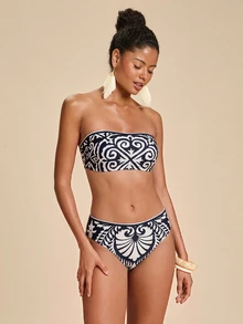Travachic 女款夏季海灘全印花無肩帶比基尼上衣與三角褲兩件式泳衣套裝 - 彩色 - 查看 3