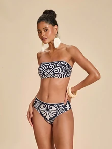 Travachic 女款夏季海灘全印花無肩帶比基尼上衣與三角褲兩件式泳衣套裝 - 彩色 - 查看 7