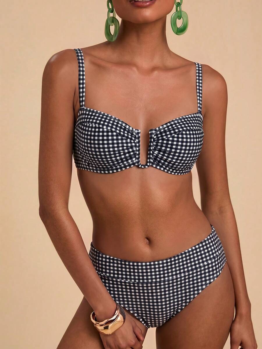Travachic 女款夏季海灘格紋性感時尚比基尼兩件式泳衣套裝 - 黑與白 - 查看 1