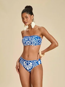 Travachic 女款夏季海灘全印花抹胸比基尼三角褲兩件式泳衣套裝 藍白波希米亞風 - 藍色 - 查看 7