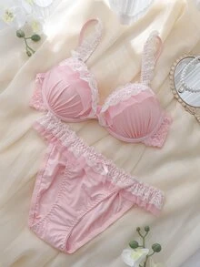 DelicateAllure 2pcs Pink Underwire Molded Cup High Support Push-Up Lift Ruffle Lace Mesh Patchwork Babydoll Sweet Cute Women's Lingerie Set - Pink - View 7