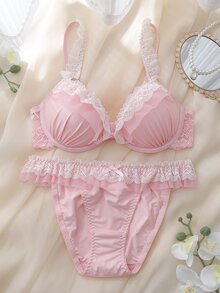 DelicateAllure 2pcs Pink Underwire Molded Cup High Support Push-Up Lift Ruffle Lace Mesh Patchwork Babydoll Sweet Cute Women's Lingerie Set - Pink - View 1