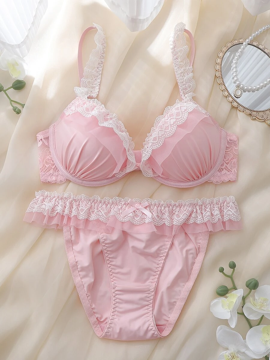 DelicateAllure 2pcs Pink Underwire Molded Cup High Support Push-Up Lift Ruffle Lace Mesh Patchwork Babydoll Sweet Cute Women's Lingerie Set - Pink - View 1
