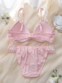 DelicateAllure 2pcs Pink Underwire Molded Cup High Support Push-Up Lift Ruffle Lace Mesh Patchwork Babydoll Sweet Cute Women's Lingerie Set - Pink - View 2
