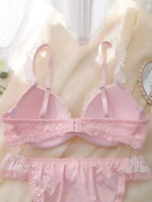 DelicateAllure 2pcs Pink Underwire Molded Cup High Support Push-Up Lift Ruffle Lace Mesh Patchwork Babydoll Sweet Cute Women's Lingerie Set - Pink - View 4