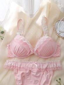 DelicateAllure 2pcs Pink Underwire Molded Cup High Support Push-Up Lift Ruffle Lace Mesh Patchwork Babydoll Sweet Cute Women's Lingerie Set - Pink - View 3