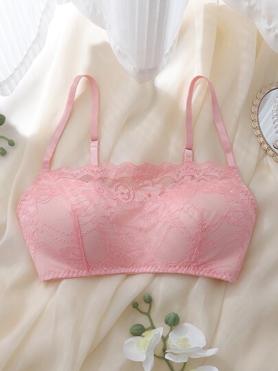DelicateAllure Sutiã feminino rosa com copo moldado, patchwork de renda, anti-exposição, romântico e minimalista