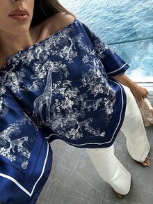 Aloruh 女款春夏度假新款船領圍巾上衣，適合度假、約會、海灘、海邊 - 藏蓝色 - 查看 5