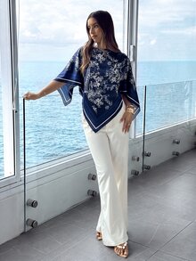 Aloruh 女款春夏度假新款船領圍巾上衣，適合度假、約會、海灘、海邊 - 藏蓝色 - 查看 7