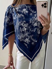 Aloruh 女款春夏度假新款船領圍巾上衣，適合度假、約會、海灘、海邊 - 藏蓝色 - 查看 1
