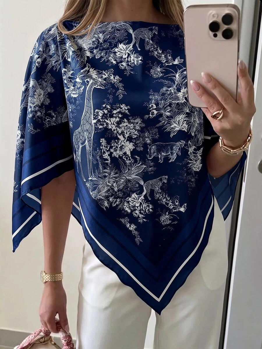 Aloruh 女款春夏度假新款船領圍巾上衣,適合度假、約會、海灘、海邊 - 藏蓝色 - 查看 1