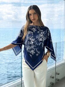 Aloruh 女款春夏度假新款船領圍巾上衣，適合度假、約會、海灘、海邊 - 藏蓝色 - 查看 3