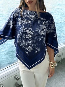 Aloruh 女款春夏度假新款船領圍巾上衣，適合度假、約會、海灘、海邊 - 藏蓝色 - 查看 4