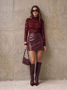 Anewsta Women's Elegant Burgundy Hollow Rose Lace Ruffle Hem Top,High Neck Fitted T-Shirt For Winter Date,Work,Party,Wedding,Chic Stylish Formal Casual Wear - Burgundy - View 5