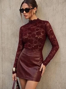 Anewsta Women's Elegant Burgundy Hollow Rose Lace Ruffle Hem Top,High Neck Fitted T-Shirt For Winter Date,Work,Party,Wedding,Chic Stylish Formal Casual Wear - Burgundy - View 2