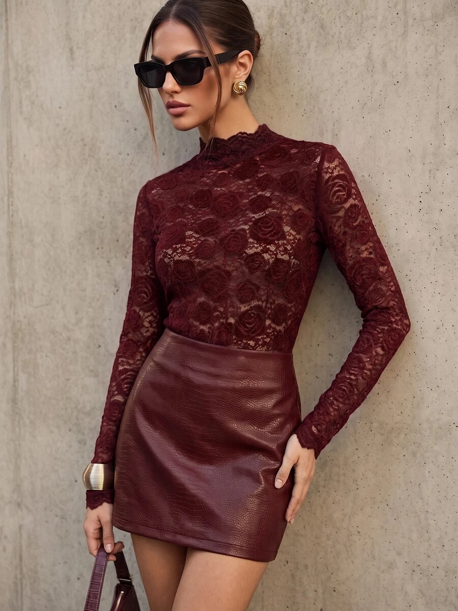 Anewsta Women's Elegant Burgundy Hollow Rose Lace Ruffle Hem Top,High Neck Fitted T-Shirt For Winter Date,Work,Party,Wedding,Chic Stylish Formal Casual Wear