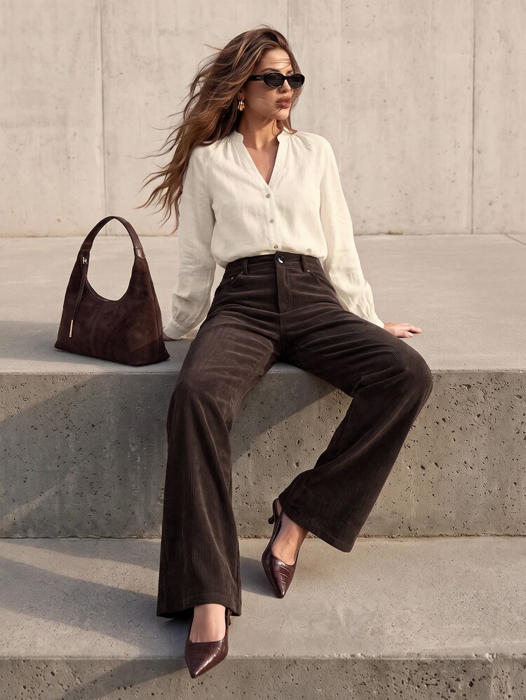 Anewsta Women's Dark Brown Corduroy Trousers With Rivet Pockets, Elegant Business Casual Flared Pants For Work Office Commute Teachers' Day Autumn - Coffee Brown - View 3