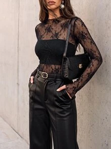 Anewsta 女款蕾絲透視拇指孔優雅性感上衣，適合萬聖節派對夜店，海軍藍花卉秋季款 - 藏蓝色 - 查看 2