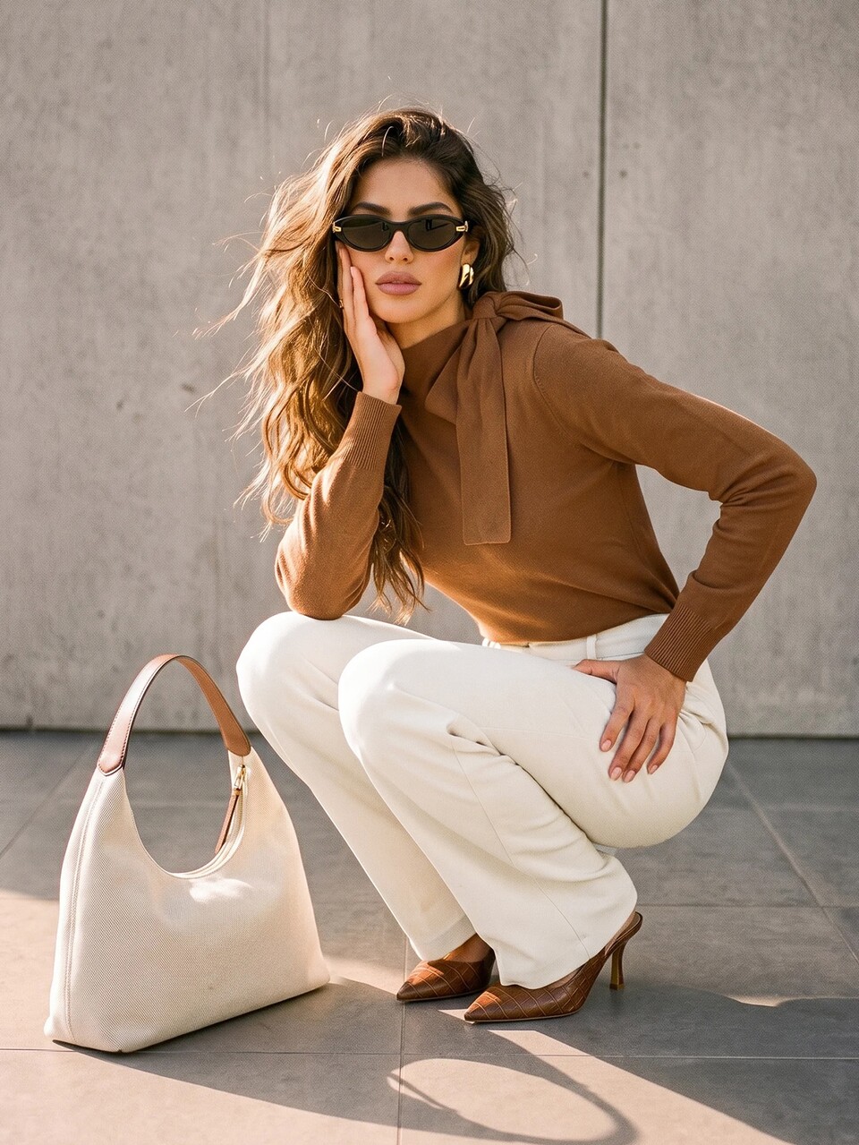 Women's Elegant French Shades Of Brown Autumn Work Brunch Office Pullover Sweater, Solid Color Bowknot Shoulder Design, Fashionable For Teachers' Day