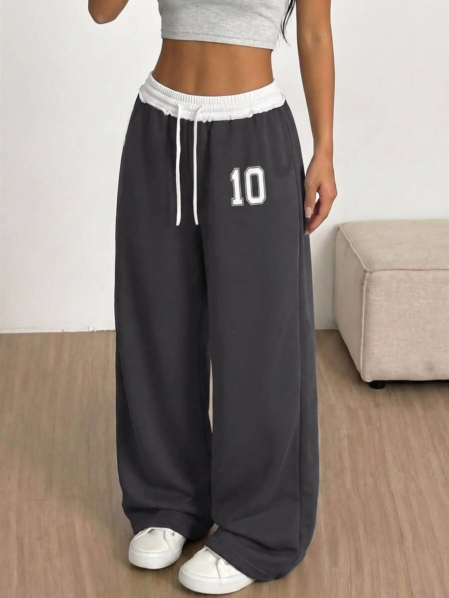 SHEIN Tween Girl Contrast Waistband Number Print Sweatpants - Dark Grey - View 1