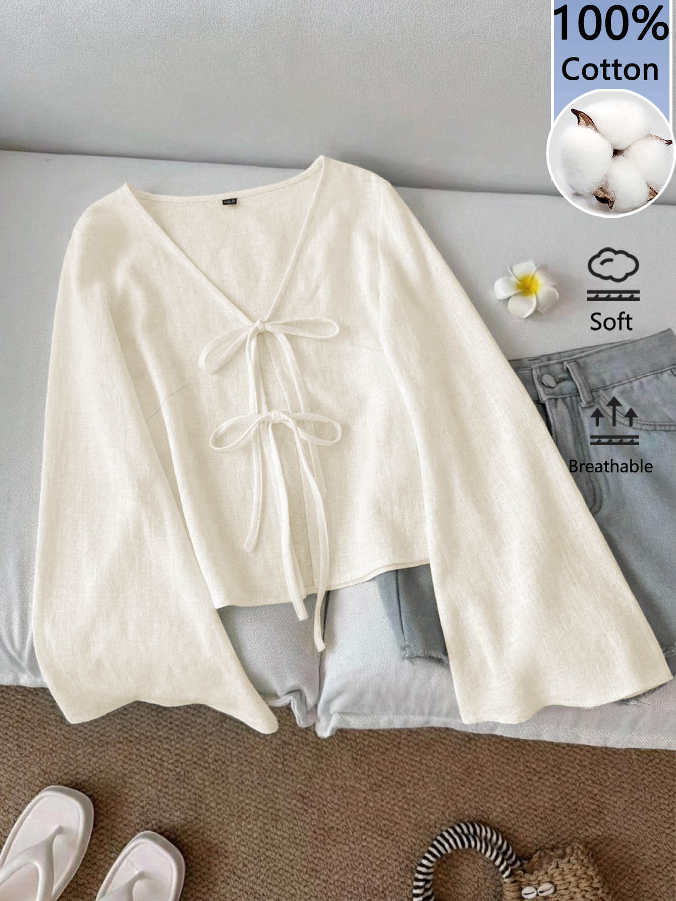 SHEIN LUNE 女款 100% 純棉休閒法式浪漫巴黎風純色 V 領喇叭袖前打結上衣,春秋米白色綁帶度假上衣 - 杏色 - 查看 1
