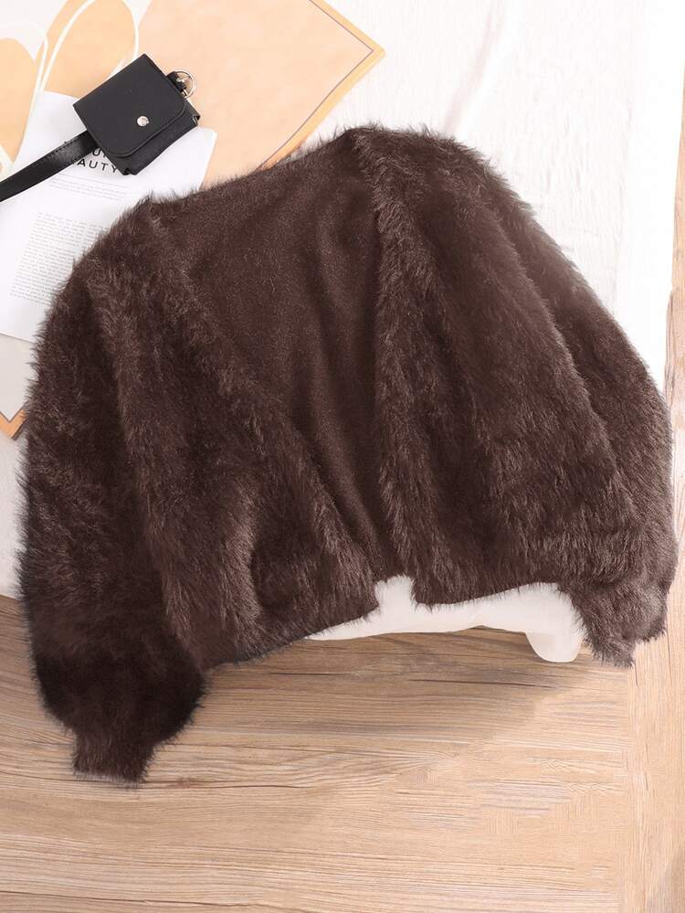CosyJoli Plus Size Women's Autumn/Winter Fuzzy Short Cardigan - Coffee Brown - View 3