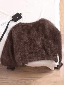 CosyJoli Plus Size Women's Autumn/Winter Fuzzy Short Cardigan - Coffee Brown - View 3
